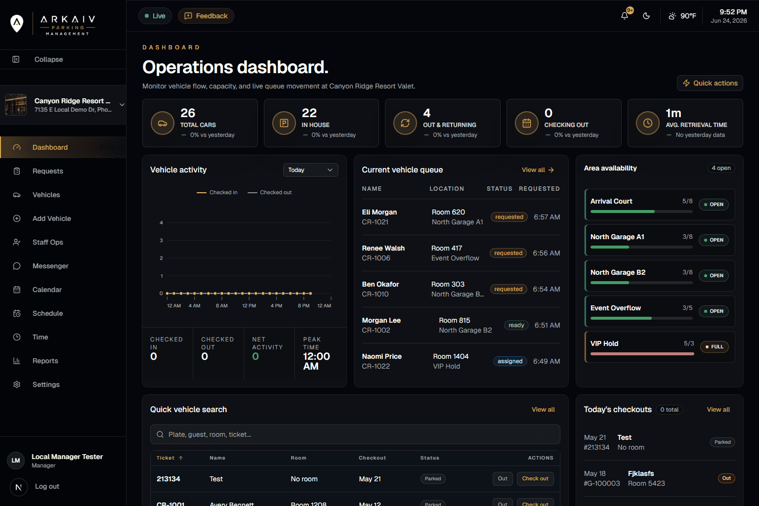 Arkaiv desktop dashboard showing live valet operations